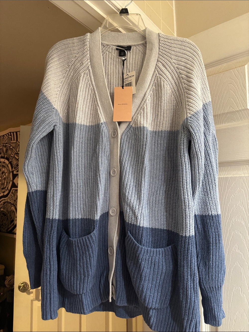 Halogen Blue & White Block Stripe Ribbed Button-Up Cardigan